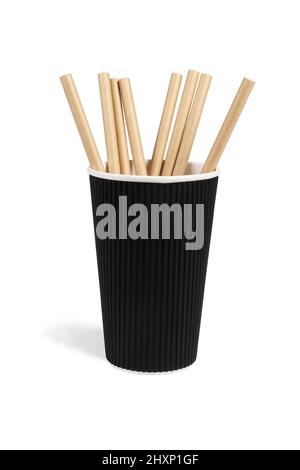 Brown Paper Straws in Black Cup on White Background Stock Photo