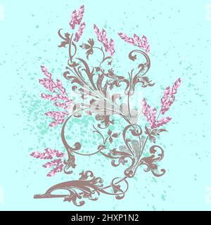 Hand drawn lavender flowers on cyan, abstract floral pattern cover design. Blossom greenery branches, trendy artistic background. Graphic vector illus Stock Vector