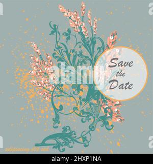 Hand drawn lavender flowers on gray, abstract floral pattern cover design. Blossom greenery branches, trendy artistic background. Graphic vector illus Stock Vector