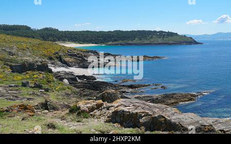 Atlantic coast landscape with rocks and sandy beach in Galicia, Spain, Pontevedra province, Cangas, Cabo Home Stock Photo