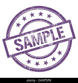 SAMPLE text written on purple violet round vintage rubber stamp. Stock Photo