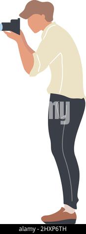 Young man taking picture with camera semi flat color vector character Stock Vector