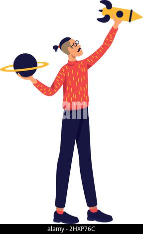 Man being curious about cosmos and interstellar travel semi flat color vector character Stock Vector