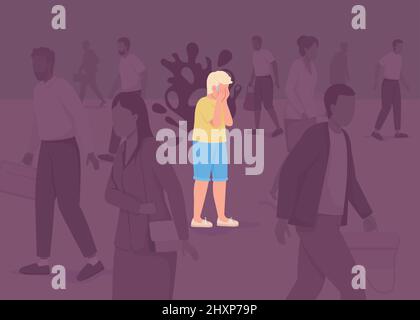 Kid has panic attack in crowd flat color vector illustration Stock Vector
