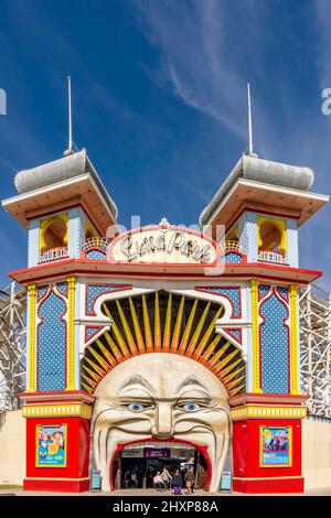 Entrance of Luna Park Melbourne, a historic amusement park located on the foreshore of Port Phillip Bay in St Kilda, Melbourne, Victoria, Australia Stock Photo