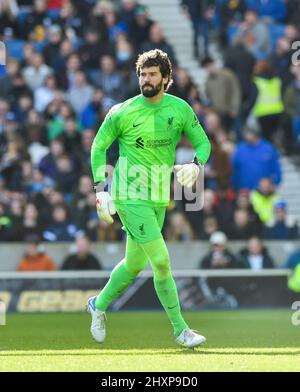 Alisson Becker of Liverpool during the Premier League match between Brighton and Hove Albion and Liverpool at the American Express Stadium  , Brighton , UK - 12th March 2022 Editorial use only. No merchandising. For Football images FA and Premier League restrictions apply inc. no internet/mobile usage without FAPL license - for details contact Football Dataco Stock Photo