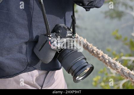 Men holding Nikon Z9 mirror less camera. A young man doing a photo shoot. Stock Photo