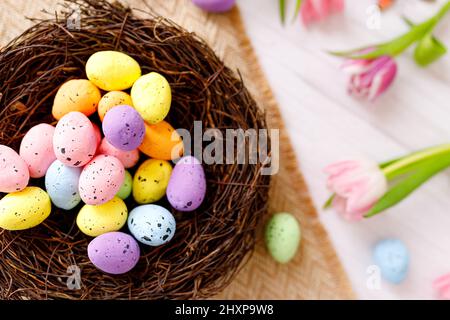 Top view and flat lay of conceptual arrangement decoration for Happy Easter holiday on wood background Stock Photo