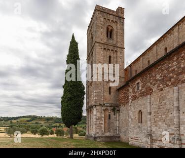 Union of ancient architecture and timeless nature at the Abbey Sant Antimo (Abbazia di Sant'Antimo) Val d’Orcia, Italy Stock Photo