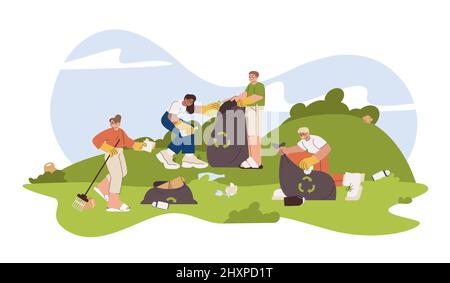 Flat volunteers collecting different garbage, pick up rubbish in public park. People with trash bags clean up waste, litter for recycle. Ecology protection, soil pollution, caring for the environment. Stock Vector