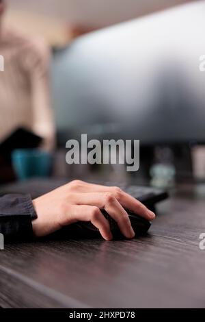 Neural network programmer hand developing artificial intelligence data processor. Security application engineer encrypting vital company information on blockchain system. Close up. Stock Photo
