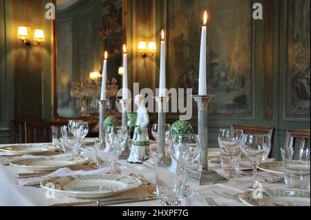 elegantly set dinner table with painted plates, silver cutlery, glasses and white candles on silver candle sticks in front of painted wood paneling Stock Photo