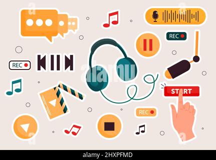 Podcast recording and listening icon set Stock Vector