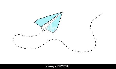 Plane icon with fly rout vector. Paper airplane in hand drawn style. Outline paper aircraft. Doodle message, sms, e-mail symbols. Stock Vector