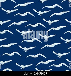 Seagulls seamless pattern. Cartoon white gulls flying on dark blue background. Marine vector endless pattern Stock Vector