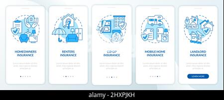 Property insurance types blue onboarding mobile app screen Stock Vector