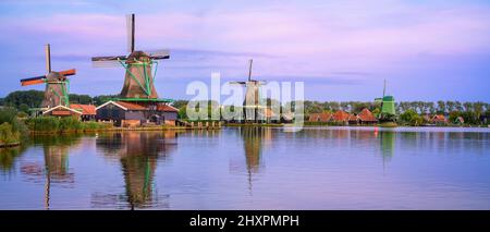 Panoramic View of a couple of Dutch Windmills Stock Photo