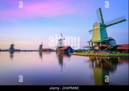Panoramic View of a couple of Dutch Windmills Stock Photo