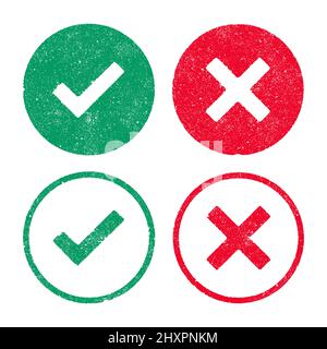 Vector illustration of the right and wrong symbols in green and red ink stamps Stock Vector