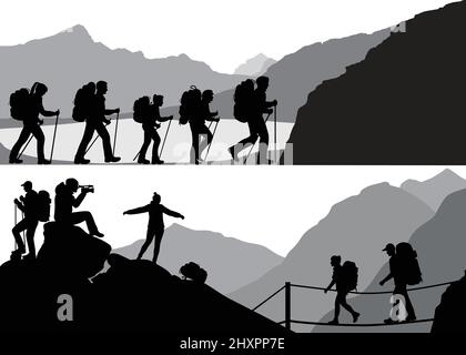 Silhouettes of mans and womans in hike against the background of wild nature Stock Vector