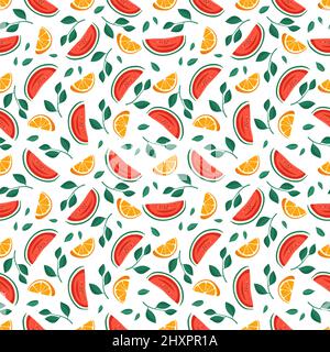 Seamless bright spring and summer pattern with oranges, watermelon, leaves and slices on white background. Print of citrus fruits and berries. Vector flat illustration of healthy food Stock Vector