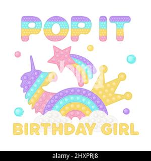 Popit birthday girl sublimation in fidget toy style. Pop it t-shirt design as a trendy silicone toy for fidget in yellow color. Bubble pop it birthday Stock Vector