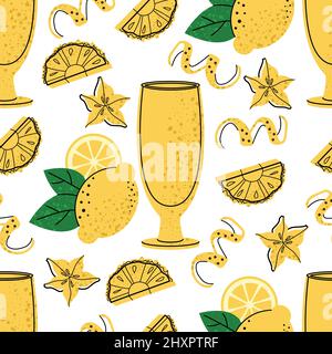 Seamless pattern - bar cocktail with fruits illustration. Cocktail garnish.  Stock Vector