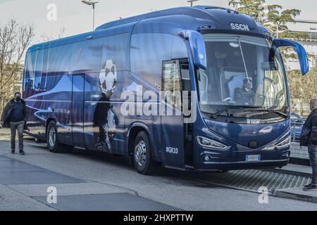 March 13, 2022, Verona, Italy: The new SSC NAPOLI bus. It is a modern  vehicle equipped with every comfort with a modern and at the same time  captivating line. On the bus there are many references to Diego Armando  Maradona, the greatest footballer of