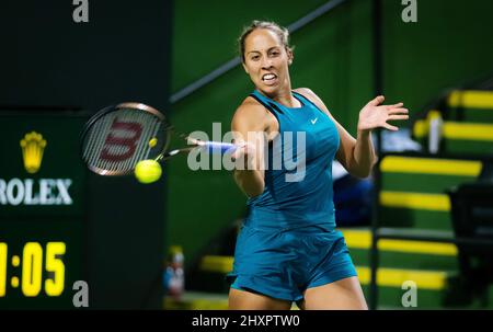 Madison Keys of the United States playing doubles at the 2022 BNP Paribas Open, WTA 1000 tennis tournament on March 13, 2022 at Indian Wells Tennis Garden in Indian Wells, USA - Photo: Rob Prange/DPPI/LiveMedia Stock Photo