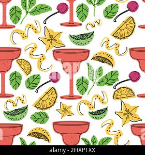 Seamless pattern - bar cocktail with fruits illustration. Cocktail garnish.  Stock Vector