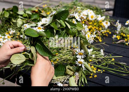 Person making a traditional Swedish Midsummer flower crown using wild summer flowers, scissor and wire. Photo taken on Midsummer Eve in Sweden. Stock Photo