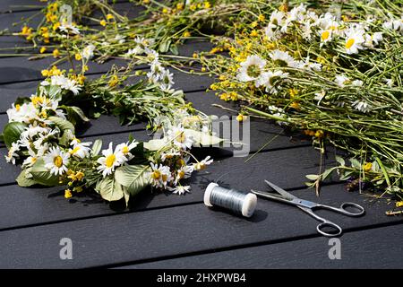 Creating traditional Swedish Midsummer flower crown using wild summer flowers, scissor and wire. Photo taken on Midsummer Eve in Sweden. Stock Photo