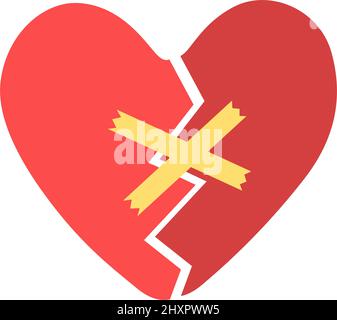 Red heart, torn into 2 parts and glued with patch. Concept of broken love, sad end of relationship, lack of care and help. Vector flat illustration Stock Vector