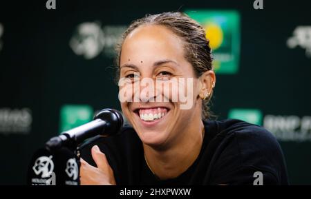Madison Keys of the United States talks to the media after the third round of the 2022 BNP Paribas Open, WTA 1000 tennis tournament on March 13, 2022 at Indian Wells Tennis Garden in Indian Wells, USA - Photo: Rob Prange/DPPI/LiveMedia Stock Photo