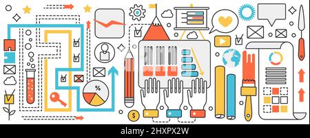 Creative studio business teamwork. Professional tools for work in hands of office team, company development and optimization with support from agency infographic concept banner, thin line art design Stock Vector