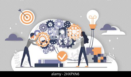Process of business development, idea generation. Tiny office people move and repair digital mechanism with gears and lightbulb, upgrade machine with creative solutions flat vector illustration Stock Vector