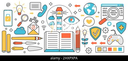 Education and skills development. Training process with virtual experience, search and analysis of information online or in library books, study in infographic concept banner, thin line art design Stock Vector