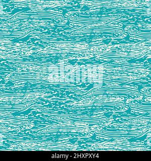 Grunge abstract water swirl vector seamless pattern background. Dense white stretching horizontal wavy lines on aqua blue backdrop. Painterly streaks Stock Vector