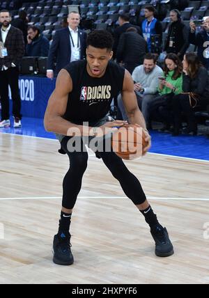 Giannis Antetokounmpo #34 and teammate of the Milwaukee Bucks shoots the ball during practice Stock Photo