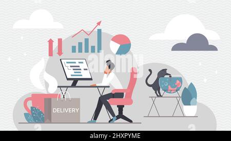 Work online from home. Tiny professional freelancer sitting at distance workplace with computer desk and chair, playing cat and coffee cup flat vector illustration. Remote job, freelance concept Stock Vector