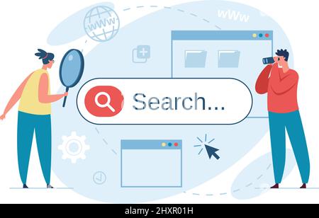 People searching on internet, characters using search bar. Man with binoculars look for answer, business research, seo vector concept. Woman holding magnifying glass and doing analysis Stock Vector