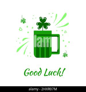 Wish of good luck with beer mug, shamrock, splashes and chalk drawn shamrock leaves. Stylish greeting, vector design Stock Vector