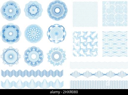 Guilloche rosettes, borders, seamless patterns, money watermarks. Guilloches elements, banknote and certificate security watermark vector set. Abstract shapes for legal documents protection Stock Vector