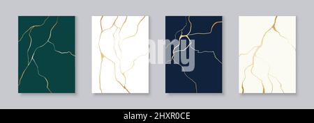 Golden kintsugi posters, japanese art of repairing cracked pottery. Minimalist marble pattern prints, gold cracks effect vector poster set. Trendy elegant design with golden breaks Stock Vector