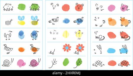Easy fingerprint animals for kids, finger paint art game. Painting with fingers cat, snail, bee, preschool educational activity vector set. Kindergarten learning activity for children Stock Vector