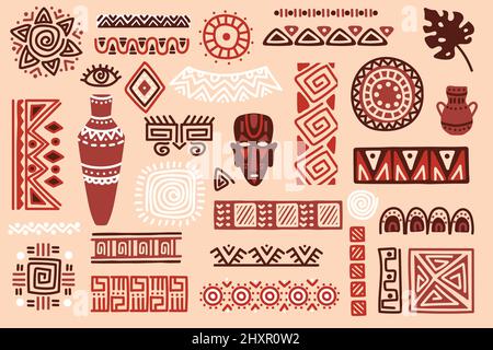 Hand drawn african elements, tribal shapes and textile ornaments. Traditional ritual masks, vases, ethnic circles and borders vector set. Mystic symbols and dividers, folk shapes isolated Stock Vector