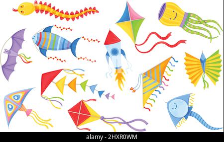 Cartoon kites, colorful flying children toy with ribbons. Kite festival, animal shape wind toys, summer outdoor kids activity vector set. Wind flying game in different forms as fish, snake Stock Vector