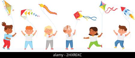 Cartoon children playing with kites, kid holding air kite. Boys and girls running with flying toys, outdoor summer activity vector set. Happy characters having fun, entertaining with joy Stock Vector