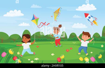Cartoon kids playing with flying kites in summer park. Children holding kite and running on meadow, having fun outdoor vector illustration. Happy character playing on lawns, leisure time Stock Vector