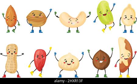 Cartoon nut and seed characters with cute smiling faces. Almond, coconut, walnut, peanut character, funny nuts and seeds mascot vector set. Cheerful food faces of different shape with arms and legs Stock Vector